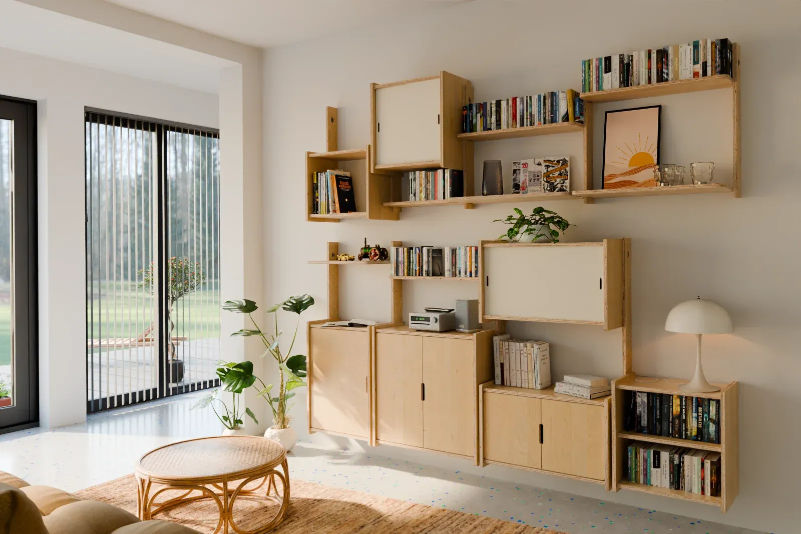WALL_ter de 253 cm dans un salon blanc : armoires à portes battantes en bas, tablettes, armoires coulissantes et ouvertes au-dessus