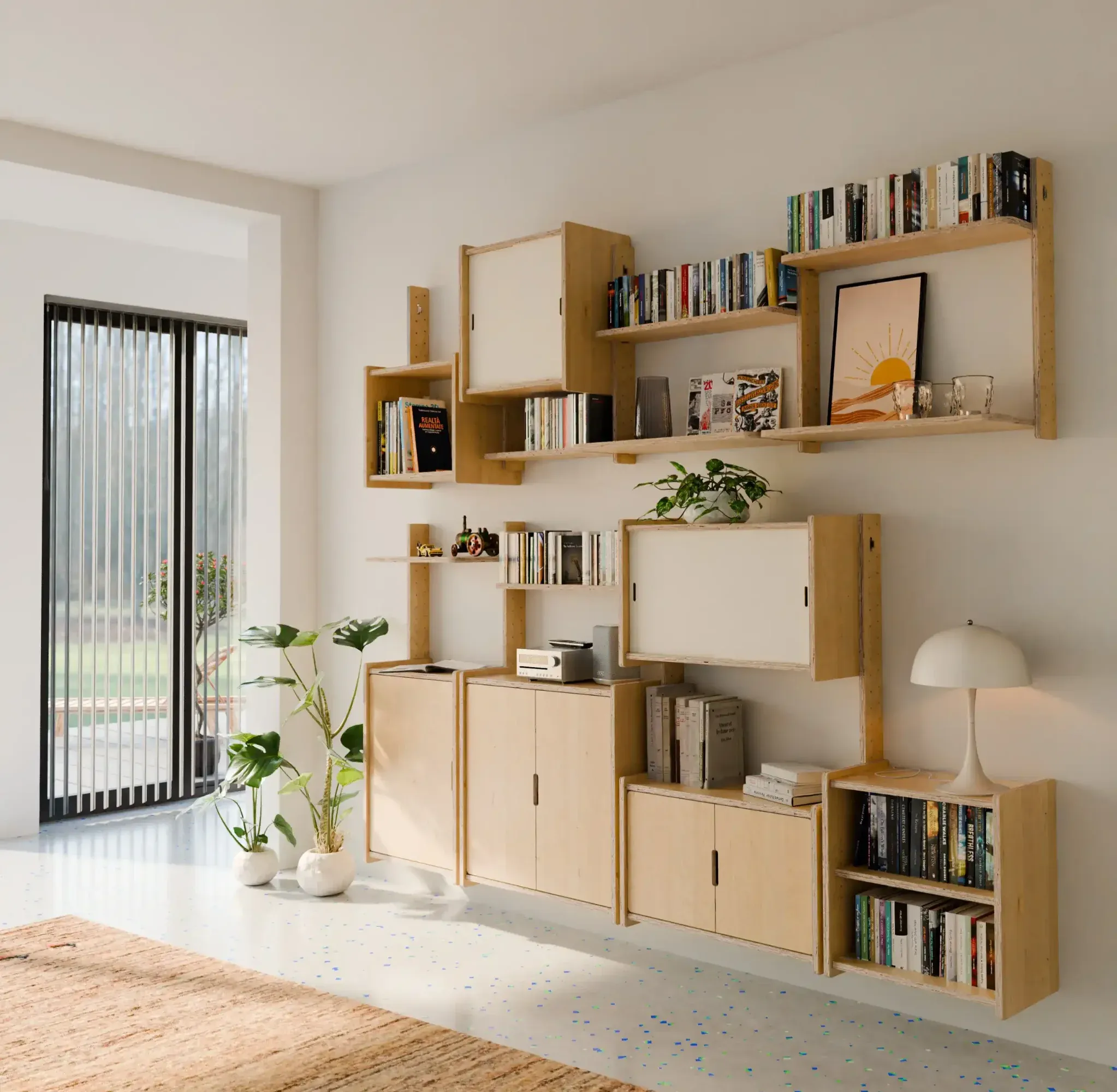 WALL_ter en bibliothèque murale dans un séjour lumineux : armoires à portes en bas, tablettes et armoires coulissantes au-dessus