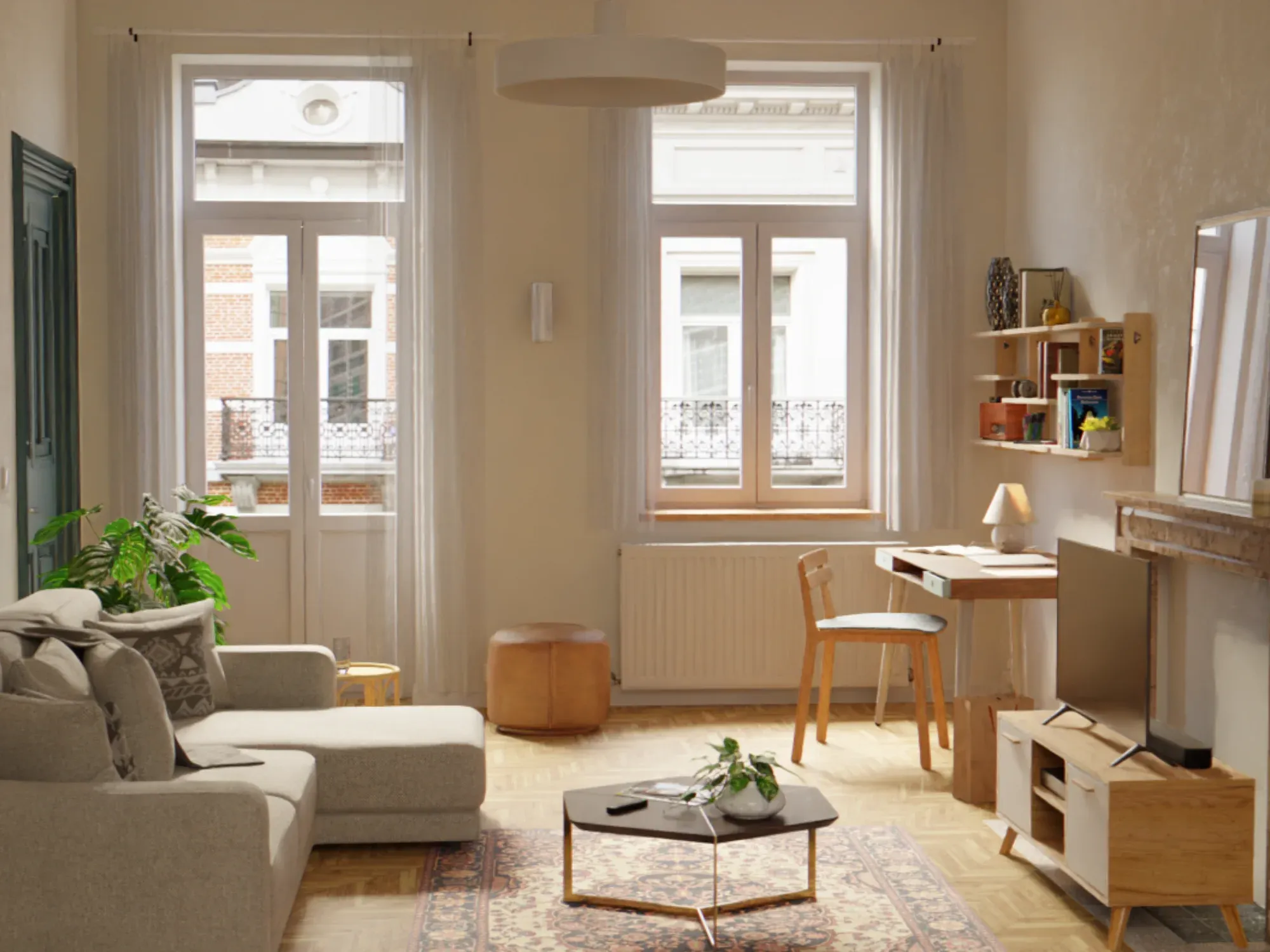 Séjour avec une petite configuration WALL_ter murale au-dessus d’un bureau