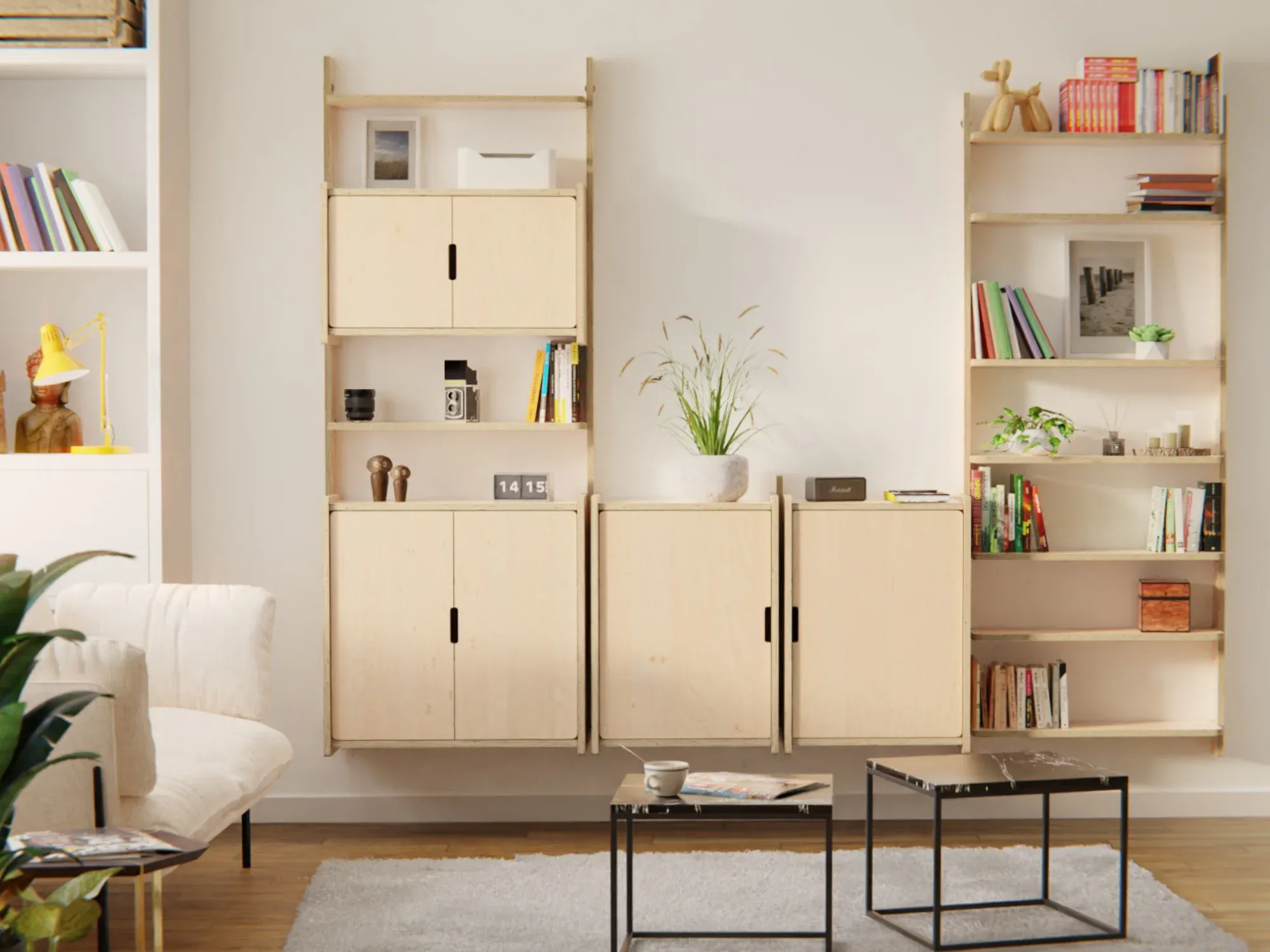 WALL_ter au salon : trois colonnes, armoires à portes en bas, tablettes et livres au-dessus